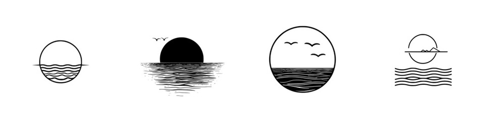 Poster - Minimalist line icons representing various ocean and sunset scenes with harmonious designs and elegant simplicity