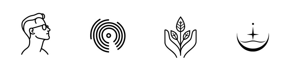 Poster - Vector minimalist line icons representing human profile, maze design, plant element, and abstract smiling moon