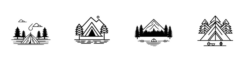 Poster - Minimalist vector line icons showcasing camping and nature elements with mountains, trees, and tent designs