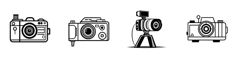 Poster - Collection of minimalist vector line icons representing various camera styles and photography equipment suitable for design projects