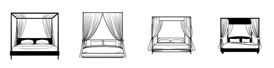 Poster - Variety of minimalist line icons depicting different types of beds for modern interior design projects and illustrations