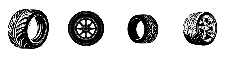 Poster - Collection of minimalist line icons representing different types of tires and wheels