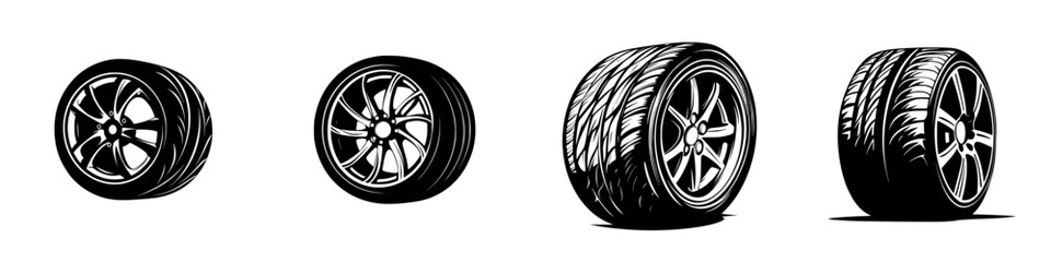 Poster - Set of minimalist vector line icons depicting various types of car tires in a sleek and modern style for automotive design