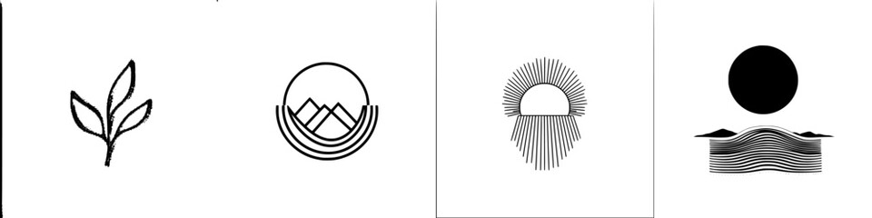Poster - Minimalist vector line icons featuring nature elements and stylized landscapes showcasing creativity and simplicity in design