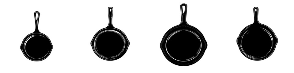 Poster - Set of minimalist line icons depicting various sizes of frying pans for kitchen and cooking design use