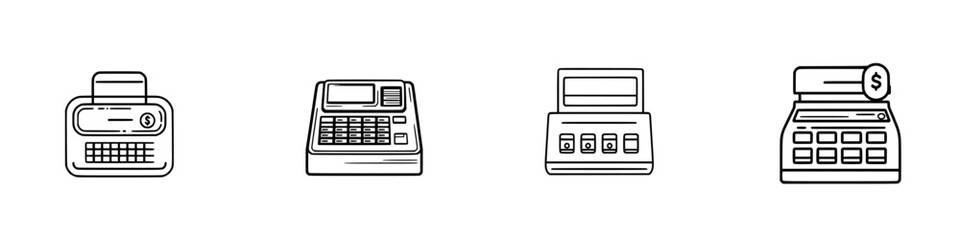 Aufkleber - Set of vector minimalist line icons representing various cash registers and financial devices commonly used in retail environments
