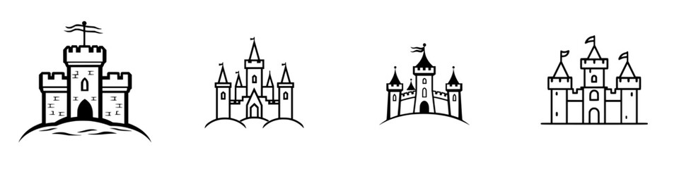 Poster - Minimalist line icons representing various styles of castles on hills