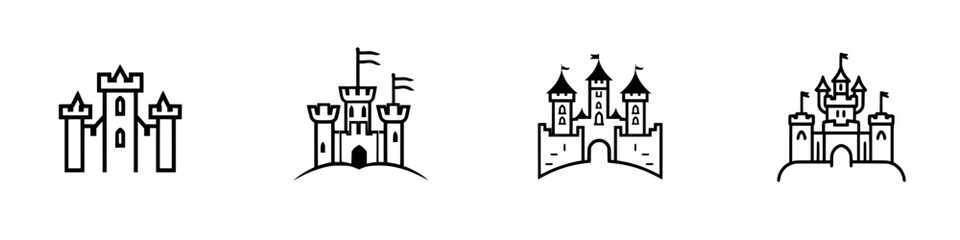 Poster - Collection of minimalist line icons featuring castles illustrated in a simple vector style perfect for graphic design projects