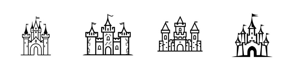 Poster - Collection of minimalist line icons featuring various castle designs for creative projects and digital use