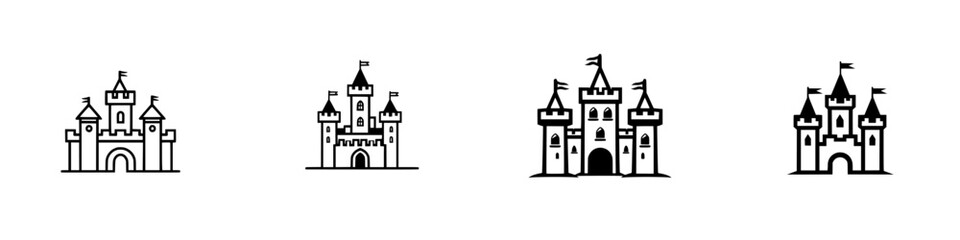 Poster - Collection of minimalist line icons depicting castles with flags suitable for design projects and digital illustrations
