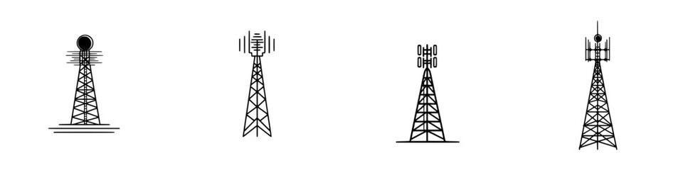 Poster - minimalist vector line icons of telecommunications towers showcasing various designs and purposes