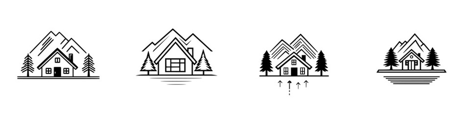 Poster - Collection of minimalist vector line icons depicting various house designs with mountains and trees