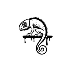 Poster - Minimalist line icon of a chameleon on a branch with dripping effects