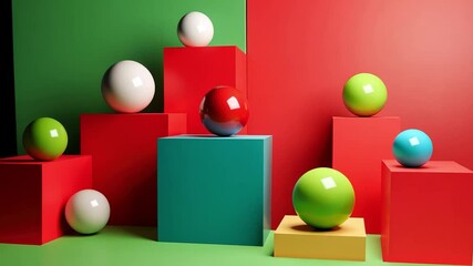 Poster - Colorful Eggs on Geometric Shapes with Bold Red and Green Backgrounds in a Modern Minimalist Style for Easter Celebrations and Spring Festivities