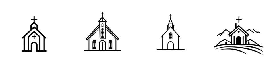 Poster - Collection of minimalist line icons representing various church designs suitable for creative projects and graphic applications