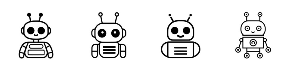 Poster - Set of four minimalist line icons depicting cute robots designed for various digital and print applications showcasing unique features