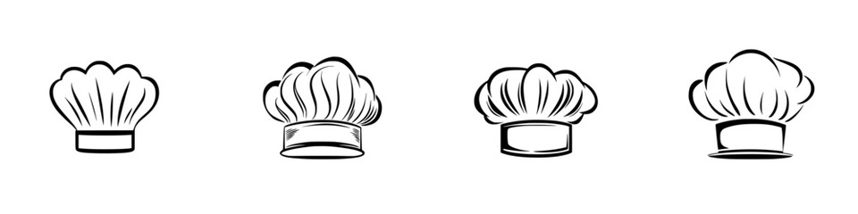 Poster - Set of minimalist line icons depicting various styles of chef hats for culinary design and branding purposes