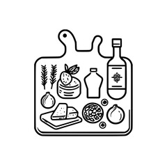 Poster - Collection of minimalist line icons featuring a variety of food items on a cutting board ready for a meal preparation session