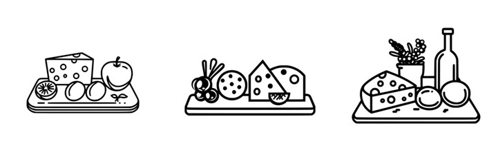 Poster - Vector minimalist line icons depicting snacks, cheese platters, and beverages for modern culinary themes in design projects