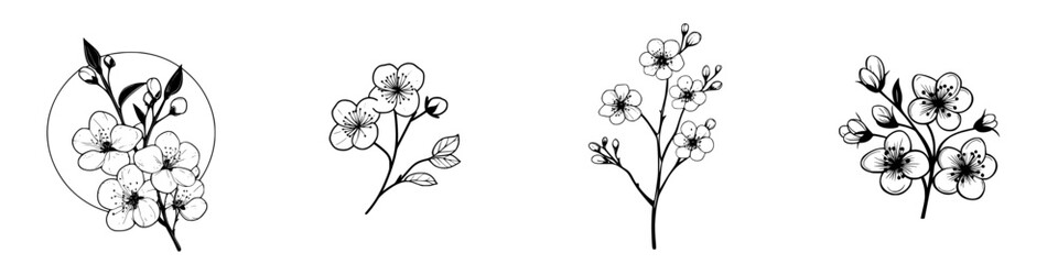 Poster - Collection of minimalist vector line icons of flowering branches and blossoms suitable for various design projects and digital applications