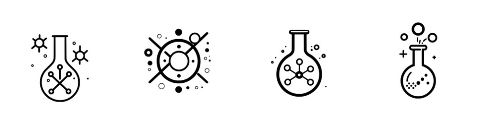 Poster - Collection of minimalist line icons depicting laboratory flasks and scientific elements for educational materials