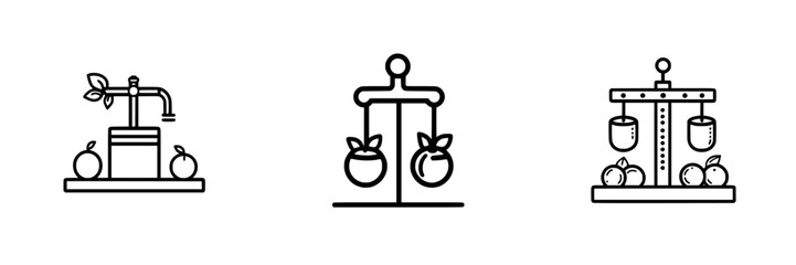 Poster - Minimalist vector line icons depicting fruit juicer, weighing scale with fruit, and fruit display stand in a simple design