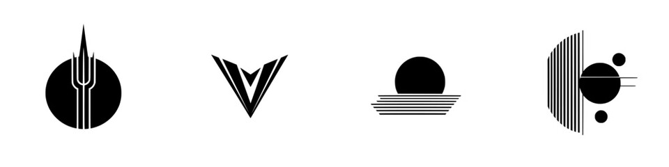Poster - Set of vector minimalist line icons showcasing various geometric shapes and symbols in black and white color scheme