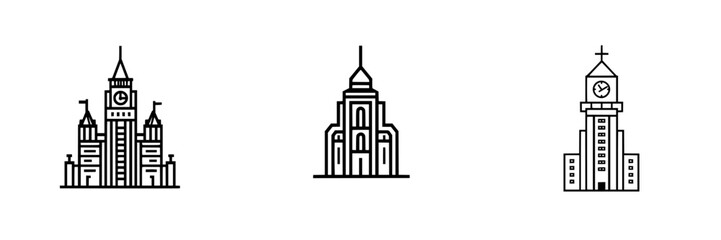 Poster - Collection of minimalist line icons depicting various architectural landmarks in a clean and modern style