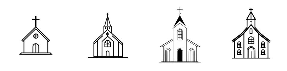 Poster - Collection of minimalist line icons representing various church designs and architectural styles for diverse projects