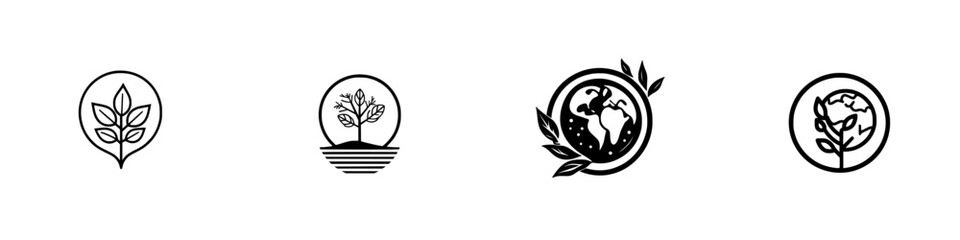 Poster - Set of minimalist line icons depicting nature and environmental themes focusing on plants and the Earth