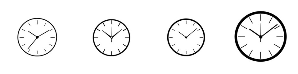 Poster - Minimalist vector line icons representing various clock designs with different times displayed