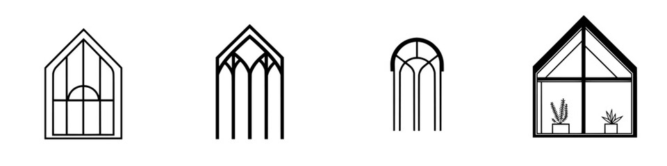 Poster - Minimalist line icons showcasing various greenhouse designs and structures for gardening enthusiasts and designers