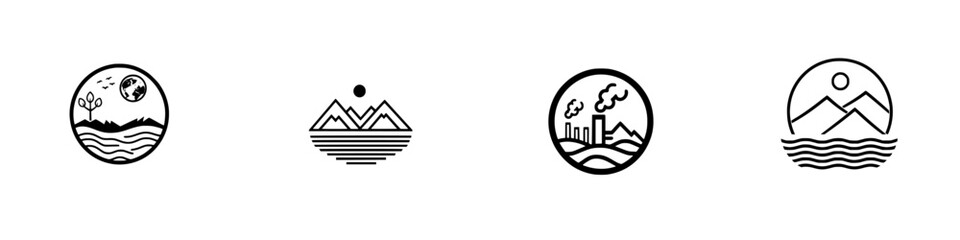 Poster - Minimalist vector line icons showcasing landscapes and nature elements with mountains, sun, and water features