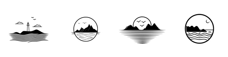 Poster - Collection of minimalist line icons depicting coastal landscapes with lighthouses and mountains in circular designs