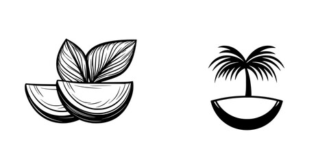 Poster - Vector minimalist line icons representing fruit and palm tree designs for creative projects