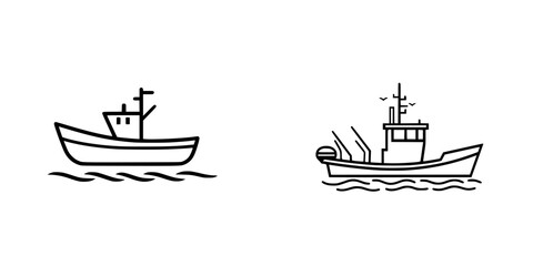 Poster - Stylish collection of minimalist line icons depicting fishing boats and vessels on water for design projects