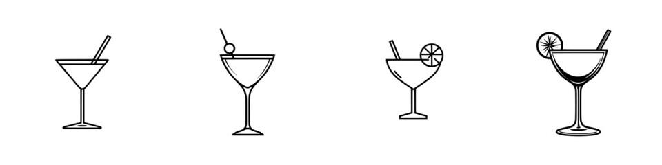 Poster - Collection of minimalist line icons featuring various cocktail designs for graphic use