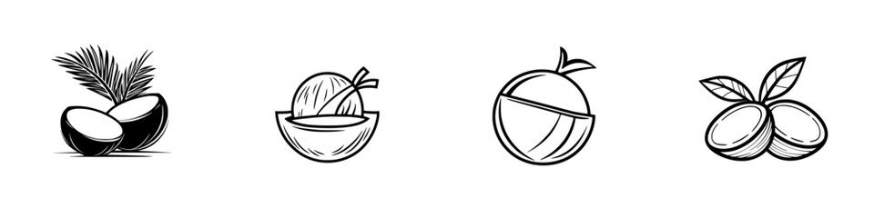 Poster - Set of minimalist vector line icons featuring tropical fruits including coconuts, melons, oranges, and berries for design projects