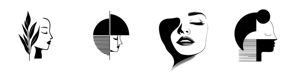 Poster - Minimalist vector line icons depicting diverse hairstyles and facial features in contemporary design style