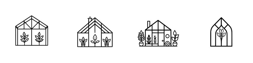Poster - Minimalist line icons showcasing various greenhouse designs for gardening enthusiasts and plant lovers