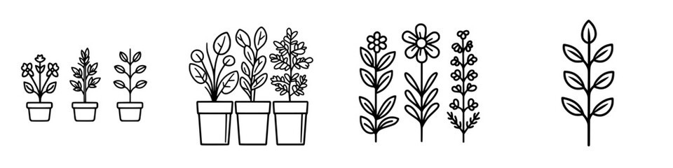 Poster - Minimalist line icons depicting a variety of plants in pots showcasing nature's beauty and simplicity
