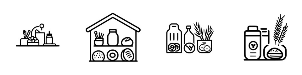Poster - Set of vector minimalist line icons representing grocery items and kitchen activities for modern design projects