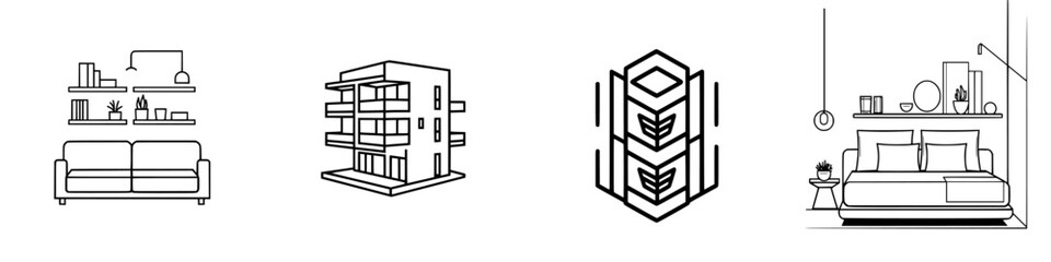 Poster - Collection of minimalist line icons featuring furniture, architecture, and interior design elements for modern living spaces