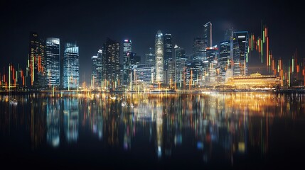 Poster - Nighttime Cityscape of Singapore with Trading Graph Overlays