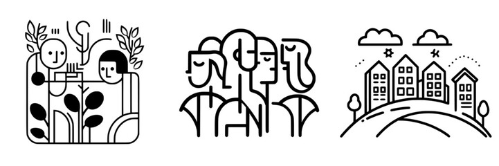 Poster - Vector minimalist line icons depicting social interaction, community, and urban landscapes in a contemporary design style