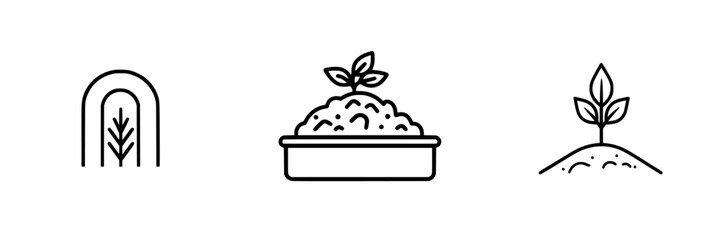 Poster - Collection of minimalist line icons representing gardening, planting, and nurturing plants in various stages of growth