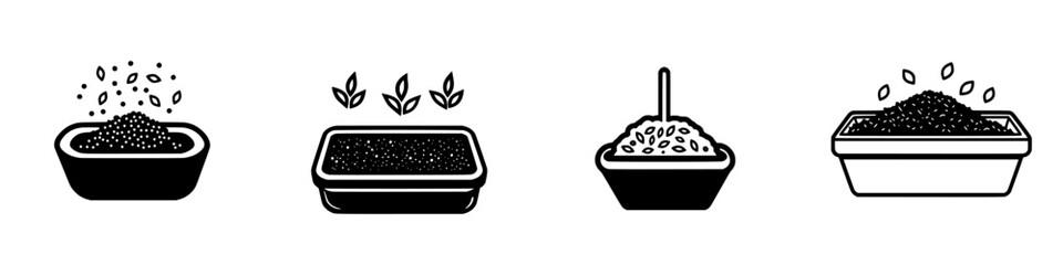 Poster - Vector minimalist line icons representing various stages of planting seeds and growing plants in containers