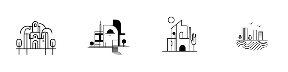 Poster - Minimalist vector line icons showcasing diverse architectural designs and urban landscapes suitable for various digital projects