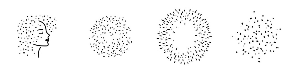 Poster - Set of minimalist line icons depicting abstract faces with scattered elements for artistic design and creative projects