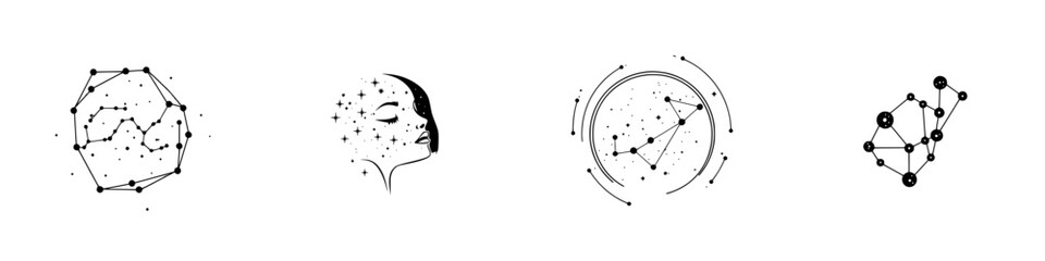 Poster - Collection of minimalist line icons representing celestial themes and human connection in modern design
